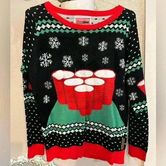 TIPSY ELVES CHEER PONG GAME UGLY CHRISTMAS SWEATER/Sticky Ball Incl. SZ M - Picture 3 of 7